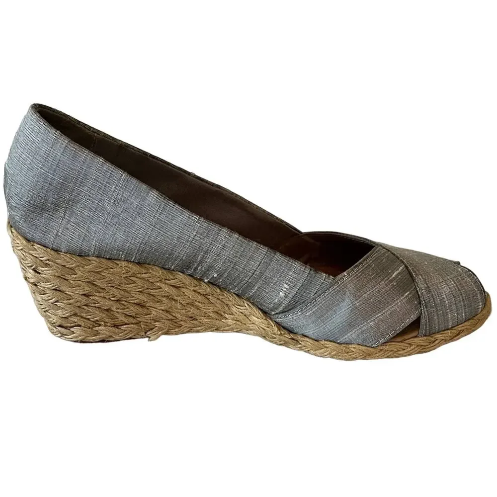 Lauren Ralph Lauren Silver Silk Crisscross Peep Toe Espadrille Cecilia Wedges 8